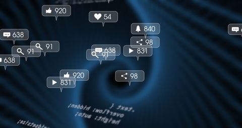 Digital Media Icons Circling in Data Network Spiral