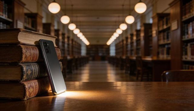 Sleek smartphone leaning on vintage leather books catching warm lamp light in grand library