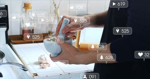 Man crushed garlic with virtual social media reaction overlay