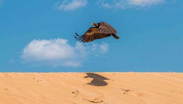 Dark vulture gliding low over sandy dune casting dramatic shadow on rippled sand blue sky