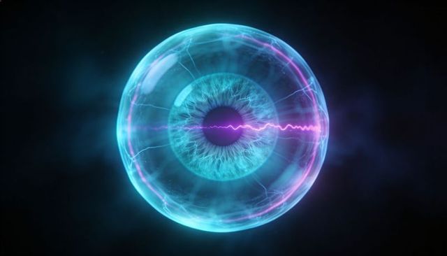 Glowing glassy orb revealing iris filaments and magenta waveform in dark void