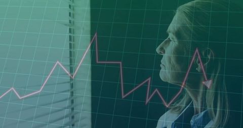 Gazing senior woman studying magenta financial chart through window blinds, contemplative mood