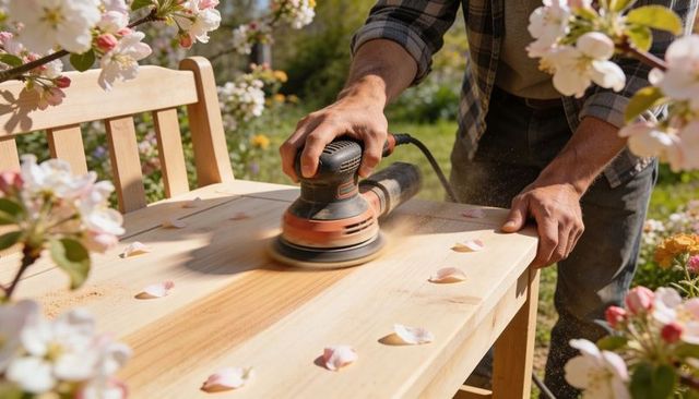 Man sanding wooden garden bench with orbital sander amid spring blossoms and petals