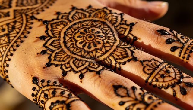 Macro mandala henna on hand showcasing glossy wet droplets and intricate floral ornament