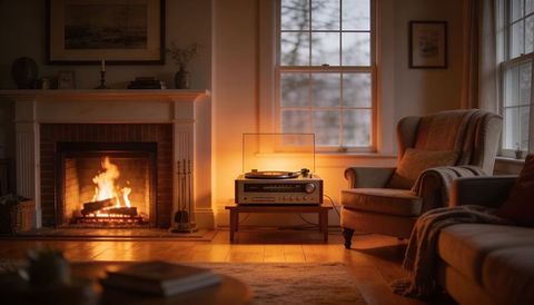 Crackling brick fireplace casting warm glow over vintage turntable and armchair