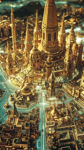 Rotating Vertical Video over Golden Futuristic Cityscape with Tower Focus and Neon Roads