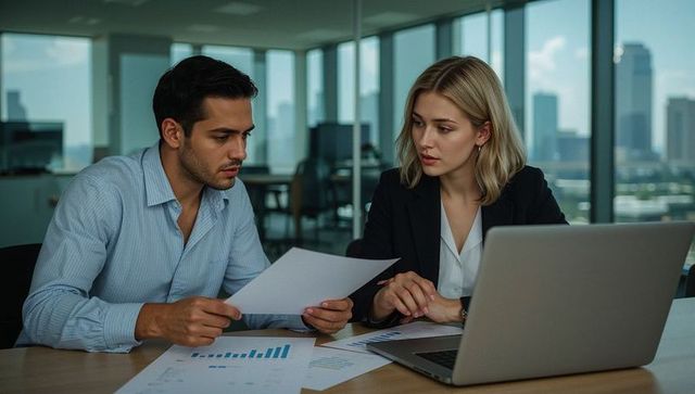 Young business colleagues reviewing financial charts and analytics at office desk