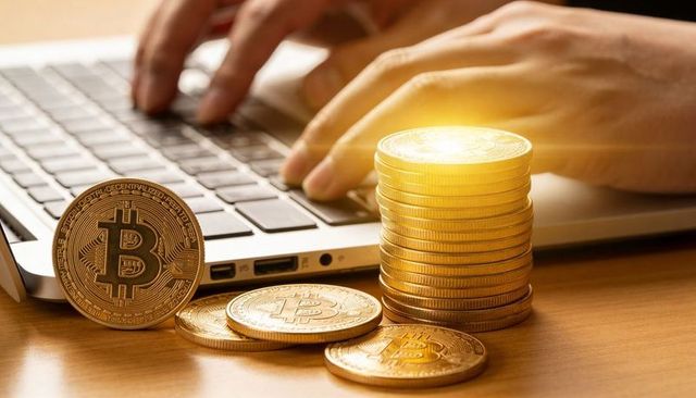Shining stacked bitcoin coins with hands typing on laptop for cryptocurrency trading