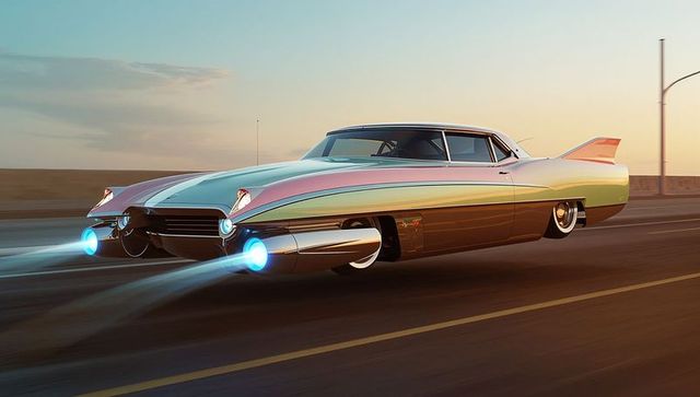 Retro Futuristic Hover Car Soaring at Sunset Over Desert Road