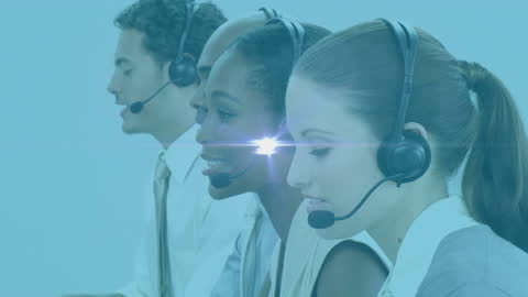Diverse Customer Service Team Using Headsets with Digital Overlay