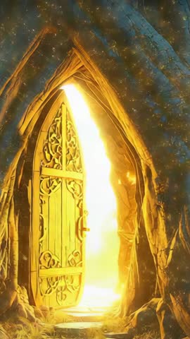 Vertical fantasy video portal opening in ancient forest with golden light and drifting motes