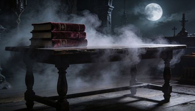 Moonlit gothic table with leatherbound books and rising mist for film scene