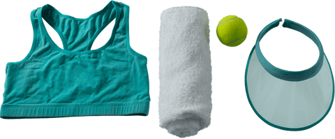 Transparent sports accessories arrangement featuring tennis gear