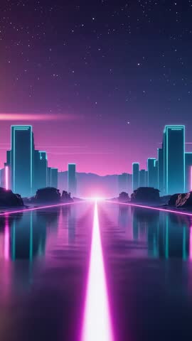 Neon-pink highway leading to futuristic cyan skyline at night — Cyberpunk vertical video