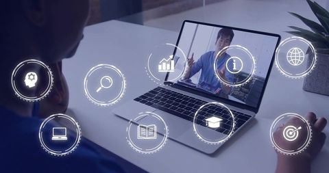 Presenter streaming online training on laptop with hud icons for remote collaboration
