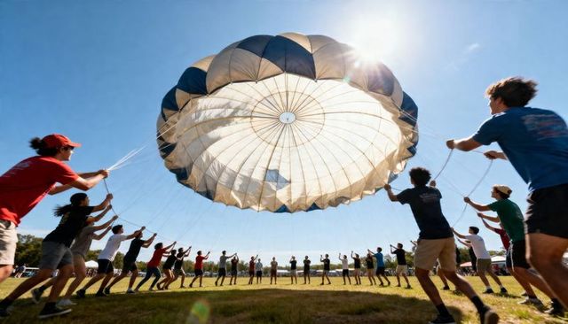 Youth group holding giant parachute canopy together under sunlight for team-building