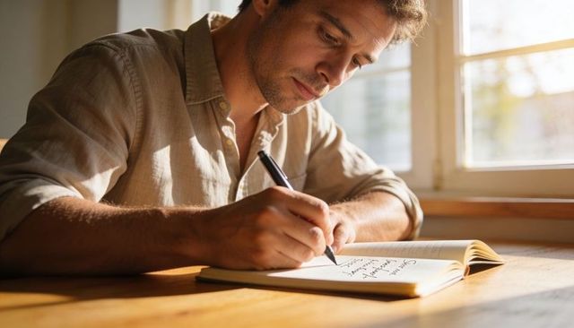 Man writing in notebook by sunlit window, journaling with black pen on wooden desk