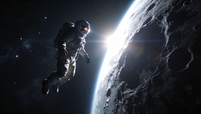 Astronaut floating above cratered lunar limb sun flare reflective visor spacewalk