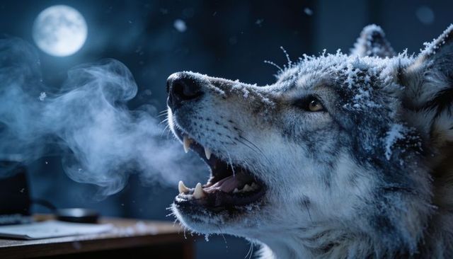 Howling wolf under full moon with frosted fur and visible breath on wooden porch close-up