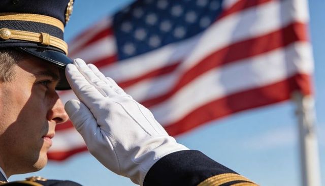 Saluting navy officer wearing dress uniform and white glove in front of american flag