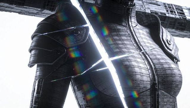 Revealing metallic android torso splitting with white fissures and rainbow diffraction