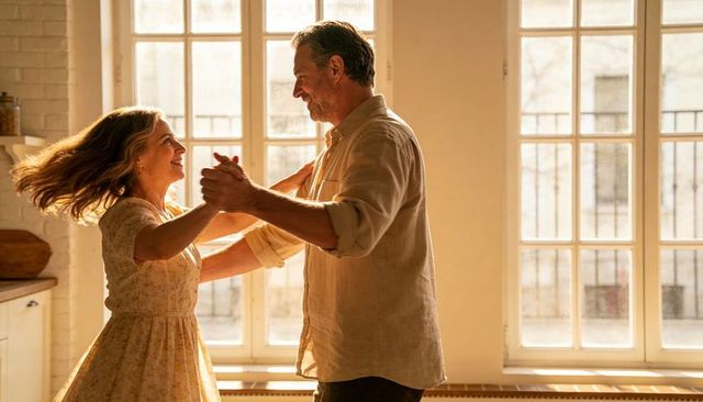 Sunlit mature couple dancing in kitchen by tall windows embracing midlife romance