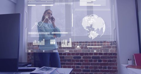 Businesswoman in Office Analyzing Global Financial Data