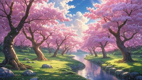 Flowing anime stream through cherry blossom grove at sunrise