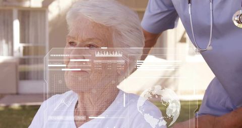 Nurse steadying elderly woman on porch with wearable healthtech hud and stethoscope