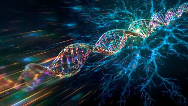 Glowing DNA Strand in Futuristic Digital Environment