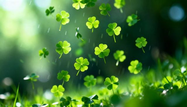 Glowing clover leaves drifting over sunlit grass with dew, gentle rain and soft bokeh