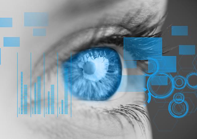 This image shows a close-up of an eye with a futuristic digital interface overlay, featuring blue tones and various data elements. It can be used to represent concepts related to technology, biometric security, innovation, and digital analysis. Ideal for use in tech blogs, cybersecurity articles, and presentations on modern technology advancements.