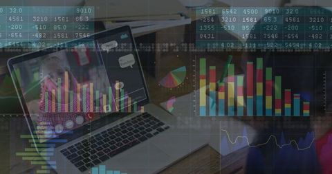 Virtual meeting with digital data and graphs overlay background