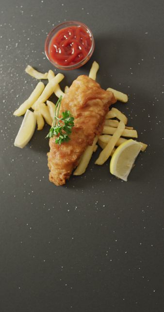 Fresh Homemade Fish and Chips with Ketchup and Lemon on Grey Background - Download Free Stock Images Pikwizard.com