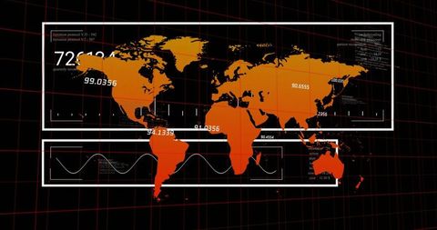 Displaying global telemetry on futuristic HUD world map with orange continents and grids