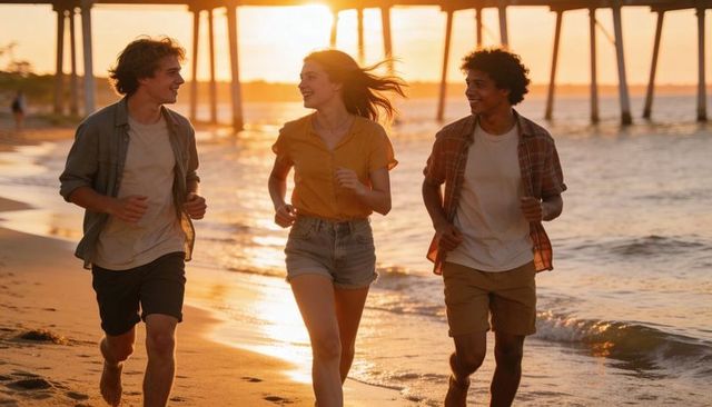 Three friends running on sunset beach near pier, golden-hour backlit lifestyle