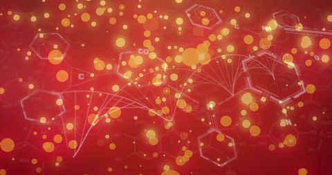 Molecular structures with glowing particles on red background