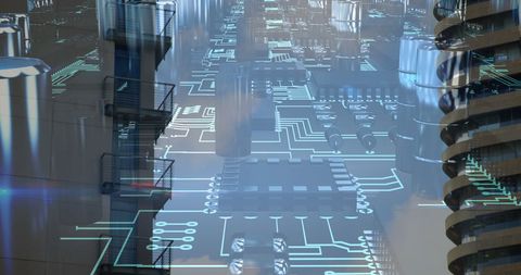 Futuristic Circuit Board Overlay on Urban Architecture - Download Free Stock Images Pikwizard.com