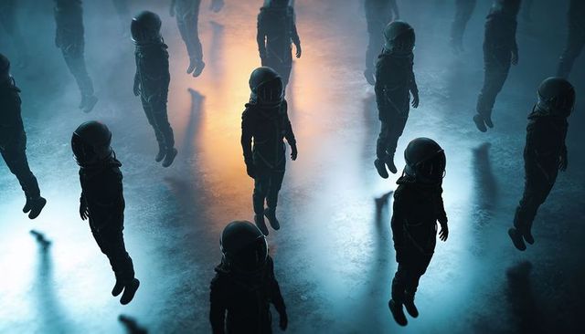 Hovering astronauts in neon-lit hangar with central floating figure and reflective floor