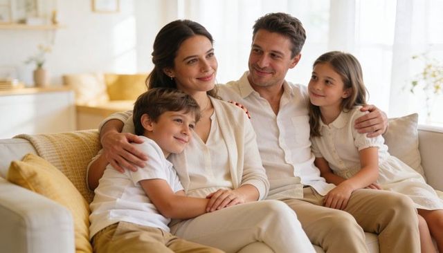 Sunlit neutral family cuddling on sofa, parents with daughter and son enjoying cozy home