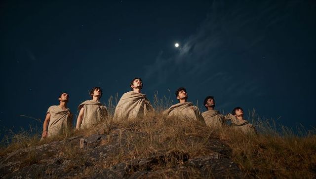 Six men standing on rocky ridge in beige robes gazing at moonlit night sky