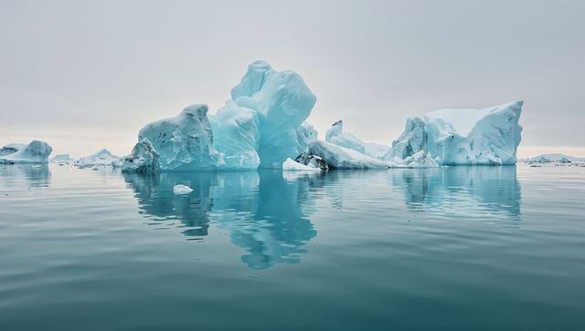 Floating blue iceberg cluster reflecting on calm polar sea with glassy teal reflections