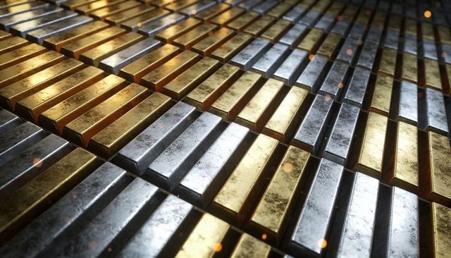 Diagonal rows of gold and silver bullion bars creating reflective metallic pattern