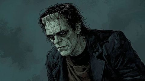 Eerie reanimated creature with stitching and neck bolts