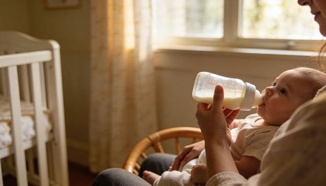 Caregiver feeding infant with bottle in sunlit nursery, warm nurturing moment, cozy crib