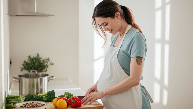 Pregnant woman preparing healthy vegetable salad in sunlit modern kitchen