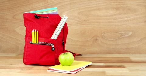 Red Backpack with School Supplies and Green Apple - Download Free Stock Images Pikwizard.com