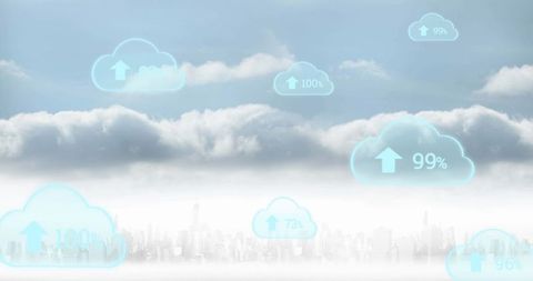 Digital Cloud Graphics with Stats Over Urban Skyline - Download Free Stock Images Pikwizard.com