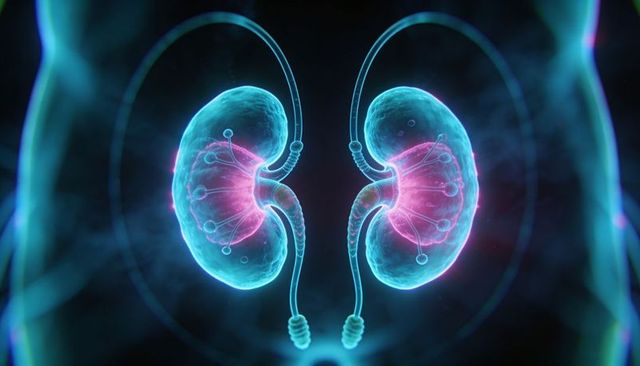 Glowing 3D kidneys highlighting nephrons, renal vessels and ureters in anatomy rendering