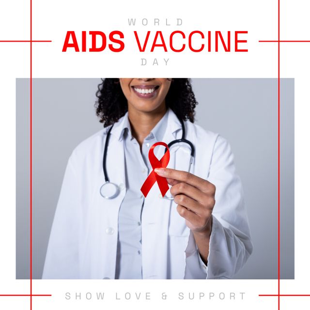 Female doctor holding red ribbon, promoting World AIDS Vaccine Day. Ideal for health awareness campaigns, educational content, social media posts or medical blogs emphasizing HIV prevention and support for vaccine development efforts.
